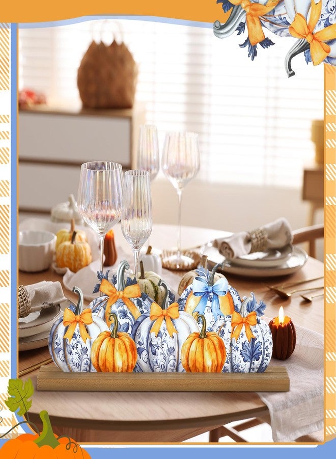 MiniInflat Fall Chinoiserie Pumpkin Metal Sign Orange and Blue Fall Decor Thanksgiving Tiered Tray Decor Freestanding Blue and White Table Centerpiece with Wood Base for Home Mantel Tabletop Shelf - Image 4